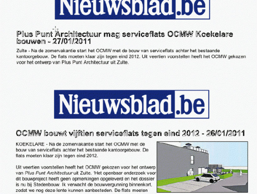De Standaard / Het Nieuwsblad: Pluspunt Architectuur mag serviceflats OCMW Koekelare bouwen.